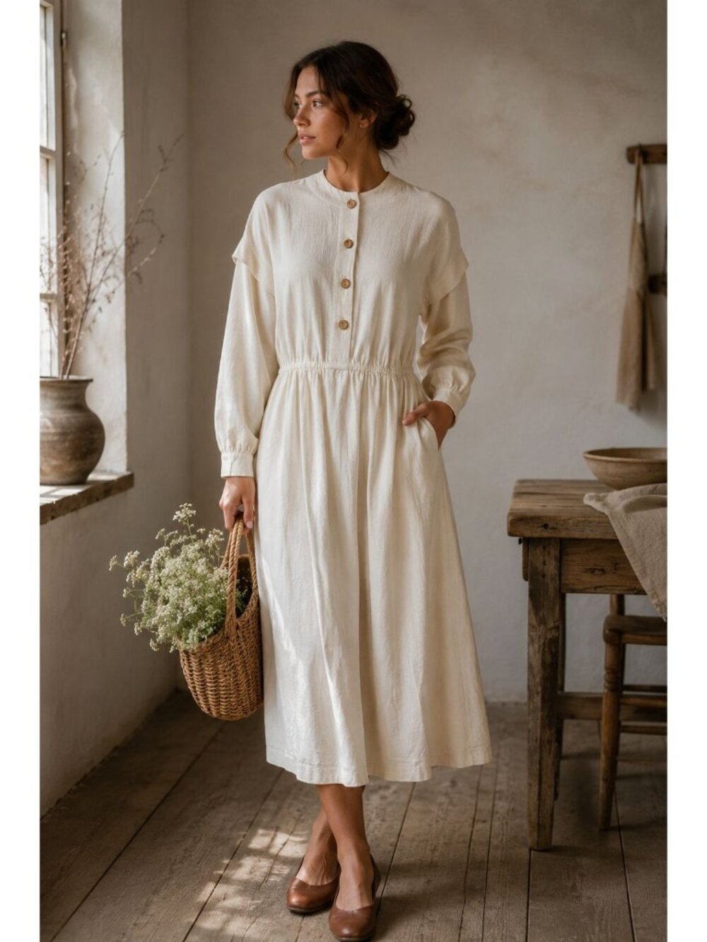 Pastoral Vintage Mademoiselle | Cream Prairie Dress | Modest Cottagecore Midi M